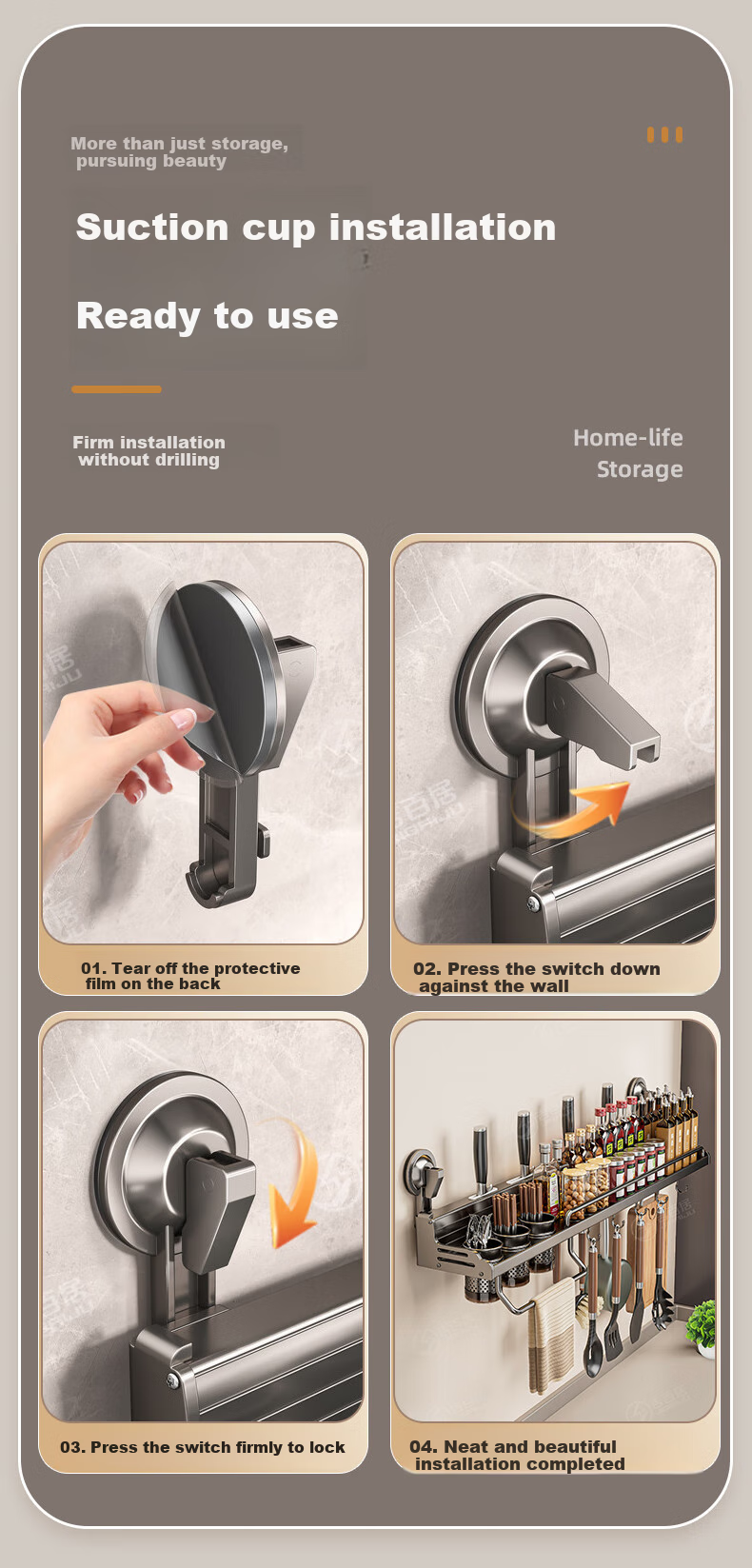 Jibaiju Kitchen Suction Cup Storage Rack, No Drilling Required, Spice Shaker Spoon Knife Holder, Integrated Wall-Mounted Multi-Functional Storage Shelf for Home Use 13
