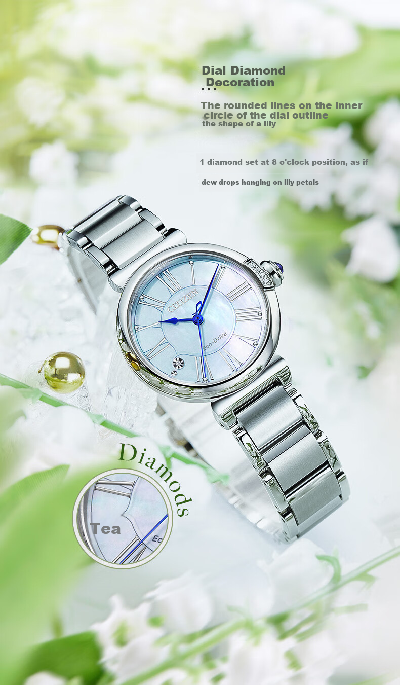 CITIZEN Watch for Women, Japanese And Korean Style, Small Bell Flower, Eco-Drive, Mother-Of Dial, Steel Band, Girlfriend Gift, EM1060-87N Gift Box Editio 8