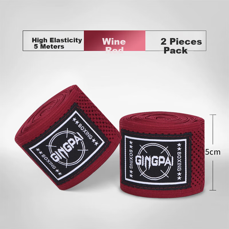 Jingpai Boxing Hand Wraps for Men, High-Elasticity Bandage, Muay Thai Wrist Guards, Combat Gloves, Wine Red, 5 Meters