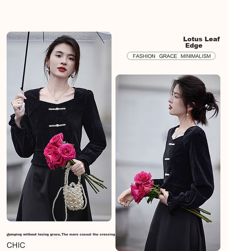 Dme [Xuoxing Wan Yue] Spring And Autumn Style New Chinese-Style Square Collar Shirt with Pearl Buttons, Velvet Blouse Women's Top 5