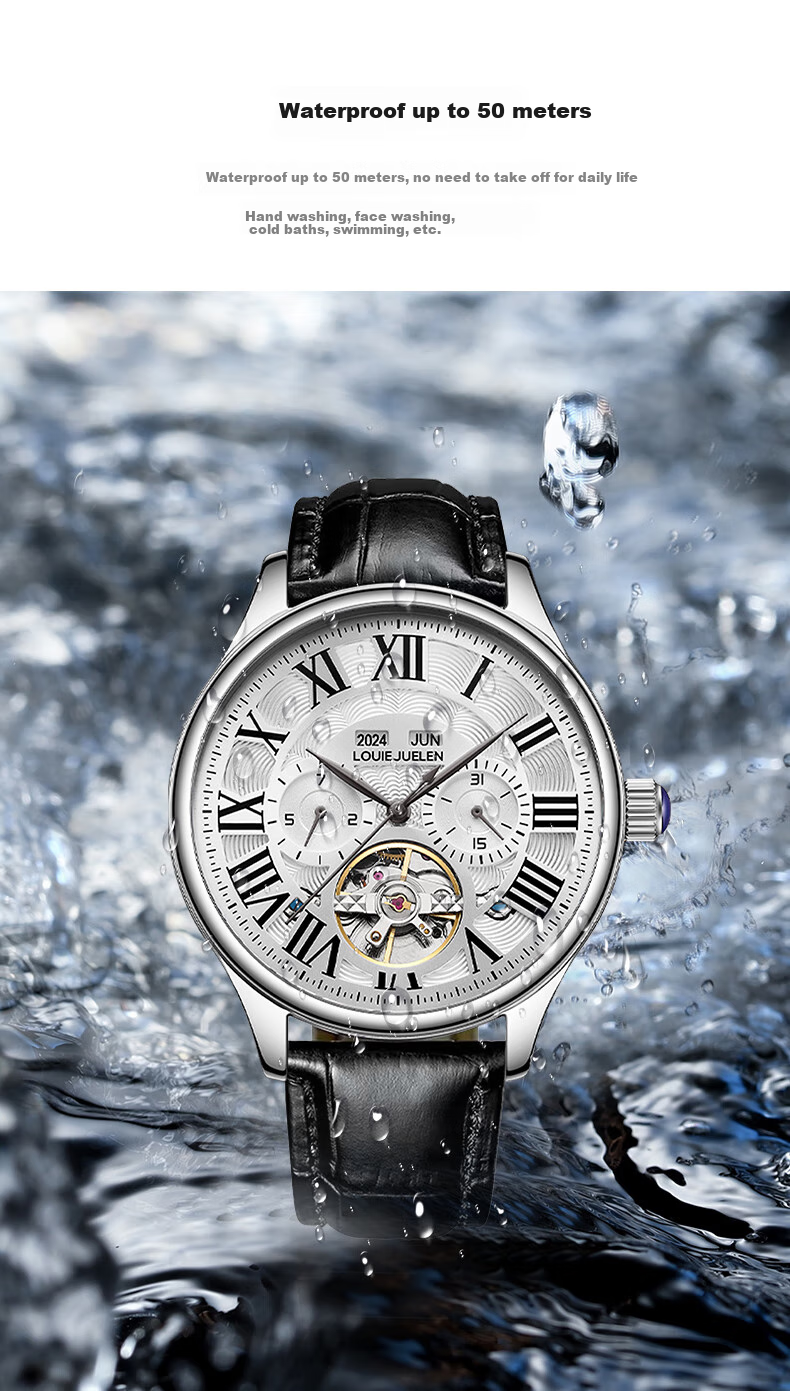 LOUIE JUELEN Men's Mechanical Watch, Student Fully Automatic Genuine Product, Skeleton Tourbillon, Business Style, Silver Case with White Dial And Steel Strap 9