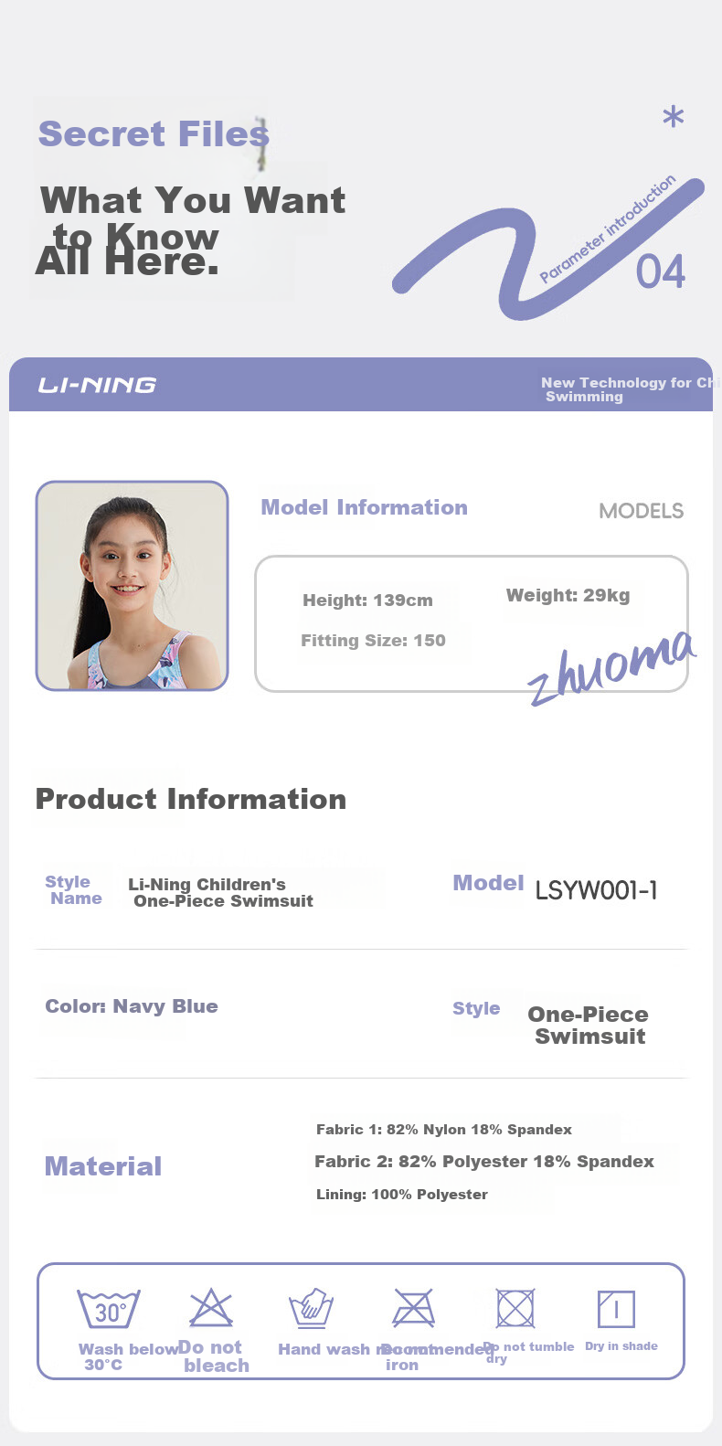 Li-Ning Youth Swimsuit, Girls' Comfortable Sports One-Piece Sleeveless Boyleg, Professional Training Swimwear, 0011 Gray-Purple, Size 160 11