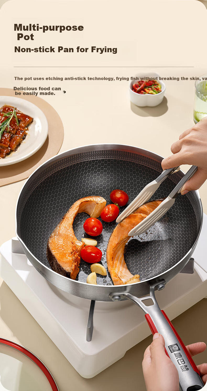 KBH Fifth Generation Wok, 316L Stainless Steel, Elegant Pan, Double-Sided Honeycomb Flat Bottom Frying And Stir-Frying Pan, Non-Stick Pan, Low Smoke 10