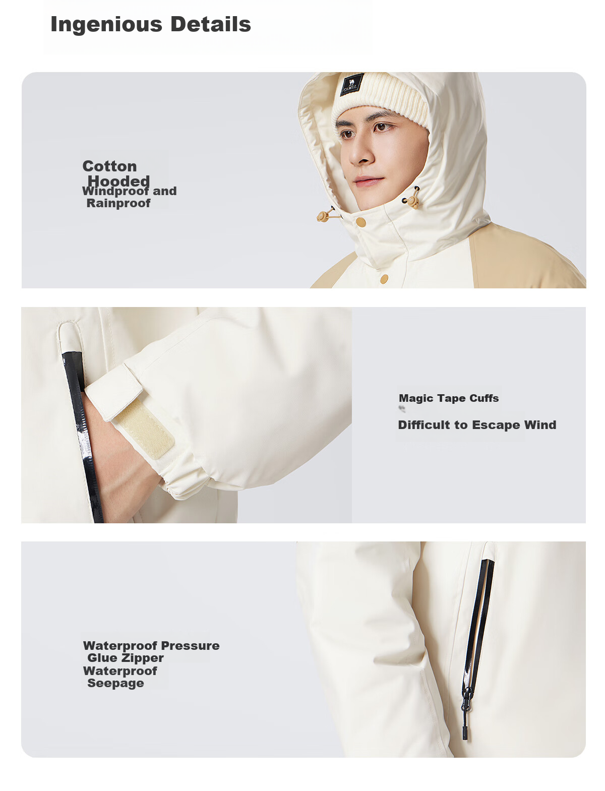 CAMEL Men's Cotton Jacket, Winter Urban Light Outdoor Fleece-Lined Waterproof Coat, Couple's Outerwear M13CA6V128C 29