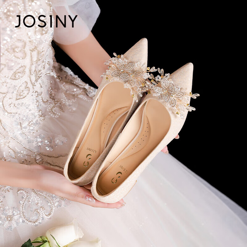 Josiny New Year High Heels, Spring And Autumn Dress Shoes, Pointed Toe Chunky Heel Shallow Mouth Pumps, Elegant Wedding Shoes, Light Gold, Size 38
