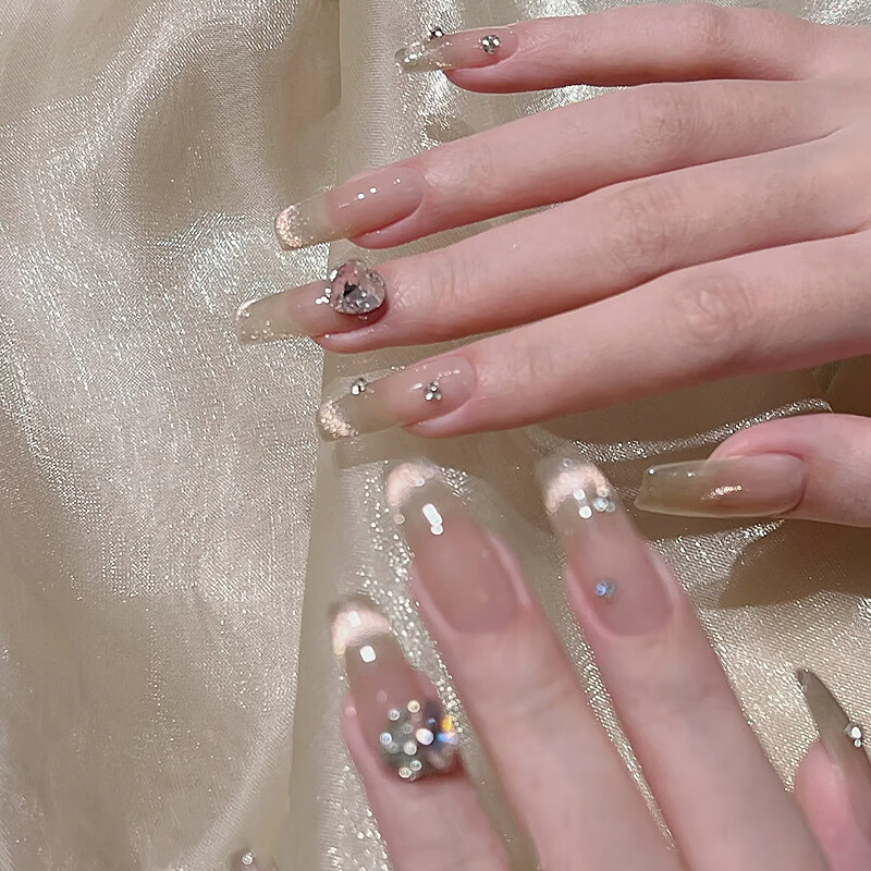 Yushangjiaren Nail Stickers Medium-Long Style for Nail Art, Rhinestone Cat Eye Fake Nails, Jelly Gel Removable with Tools 3
