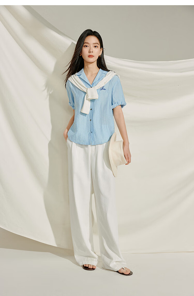 INMAN Summer 2026 Women's Blue Short Sleeve Linen Wrinkle Texture Shirt Light Blue XL 10