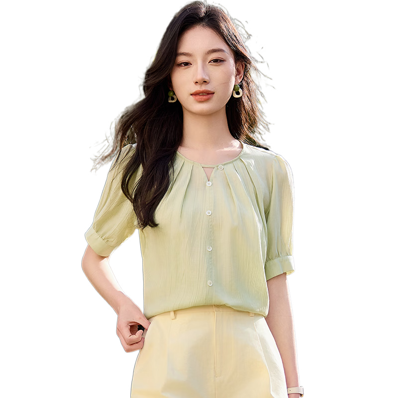 Chushen Summer Women's Short Sleeve Shirt V-Neck Hollow Out Elegant Vacation Style Chiffon Blouse S52X016