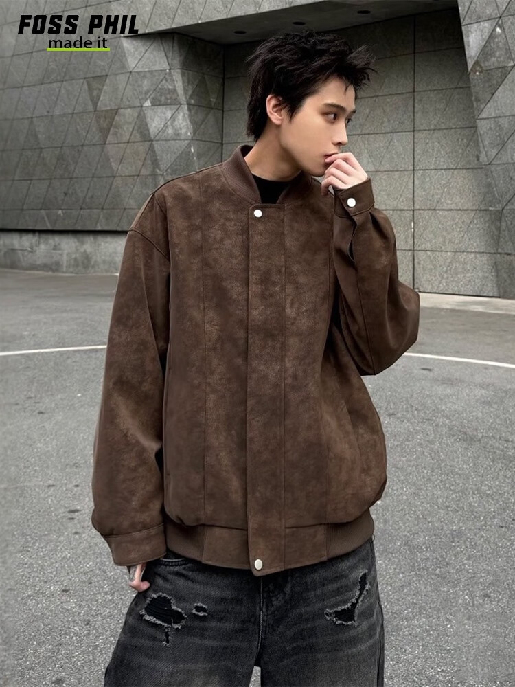 Foss Phil American Leather Jacket for Men, Autumn And Winter Trendy Workwear Baseball Coat, Loose Casual Outerwear FPJK6 Brown L 2