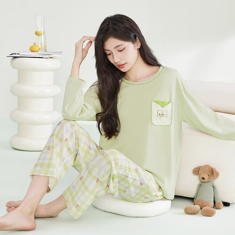 Manza Women's Pure Cotton Pajamas, Spring And Autumn 2025 New Style, Wearable Outside, Long Sleeves, Long Pants, Round Neck Pullover, Plus Size Loungewear Set