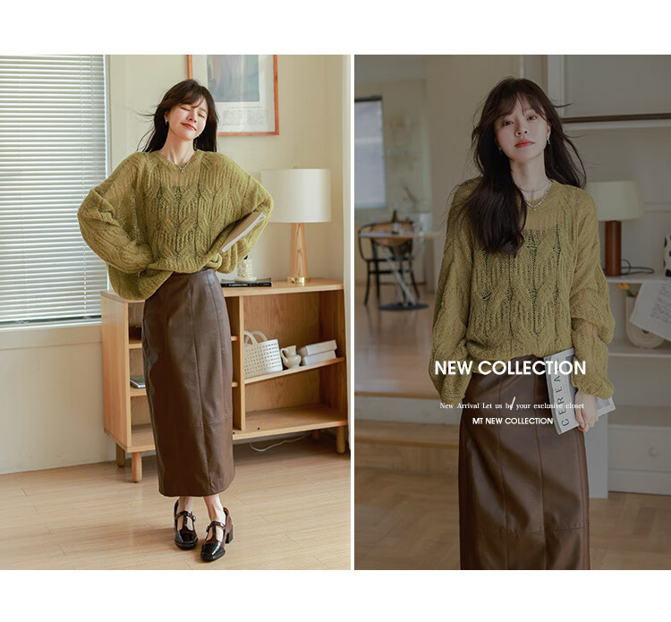 Mt [Relaxed Grass Green] Autumn Simple Round Neck, Jacquard Loose Long-Sleeve Pullover Sweater 6