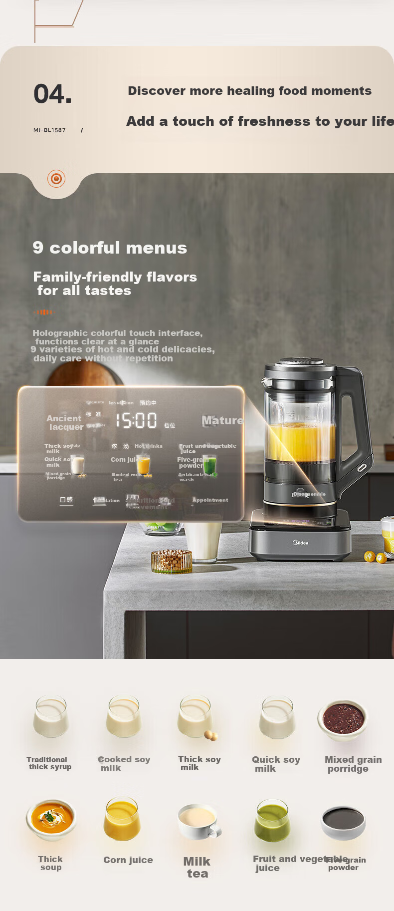 Midea High-Speed Blender, Home Soy Milk Maker, Detachable Multi-Function Food Processor, 1.75L Juicer for 3-5 People, Mixer, Baby Food Maker, Anti-Scalding BL1587 11