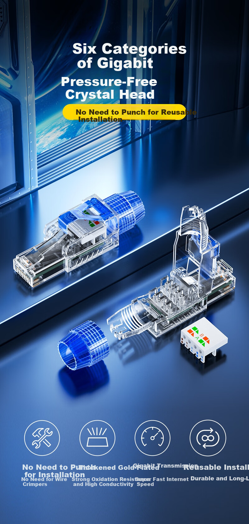 SAMZHE Cat6 Toolless Crystal Head, Gigabit Cat6 No-Tool Network Cable Connector, Engineering Grade Category 6 8P8C Tool-Free RJ45 Computer Network Connector, Single Pack MDL61 1