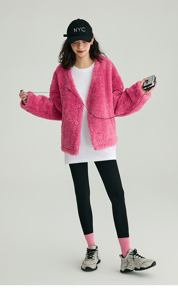 Dme Sunset Rose Knit Sweater Winter Pink Large Pocket V-Neck Energetic Sweet Girl Style Cardigan Honey Pink S 9