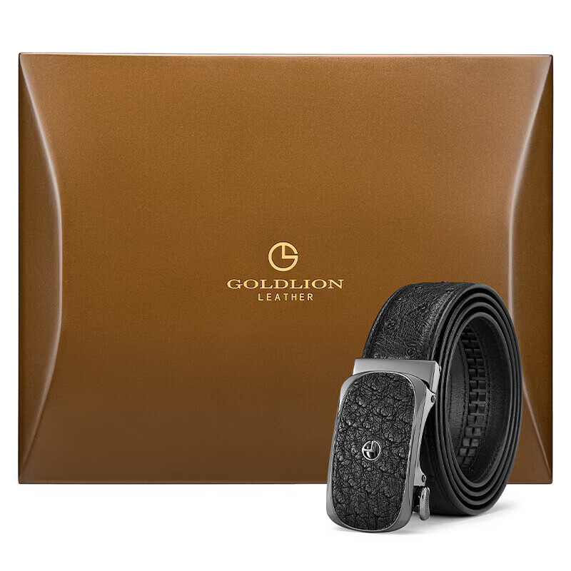 Goldlion Men's Leather Belt with Automatic Buckle, High-End Wooden Gift Box, Ostrich Leather Trouser Belt, Birthday Gift