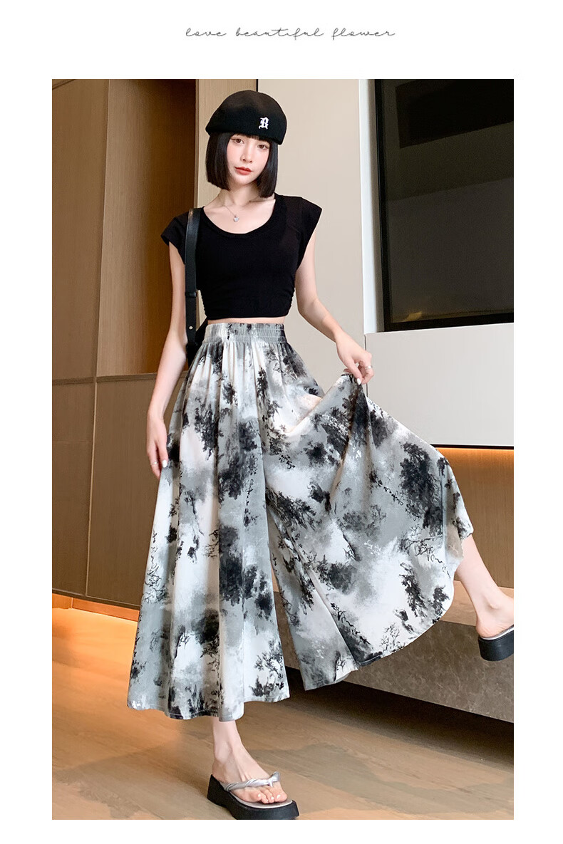 Langsha New Chinese Style Chiffon Skirt Pants for Women, Summer Lightweight New High-Waist Ink Painting Chinese Style Wide-Leg Trousers 14