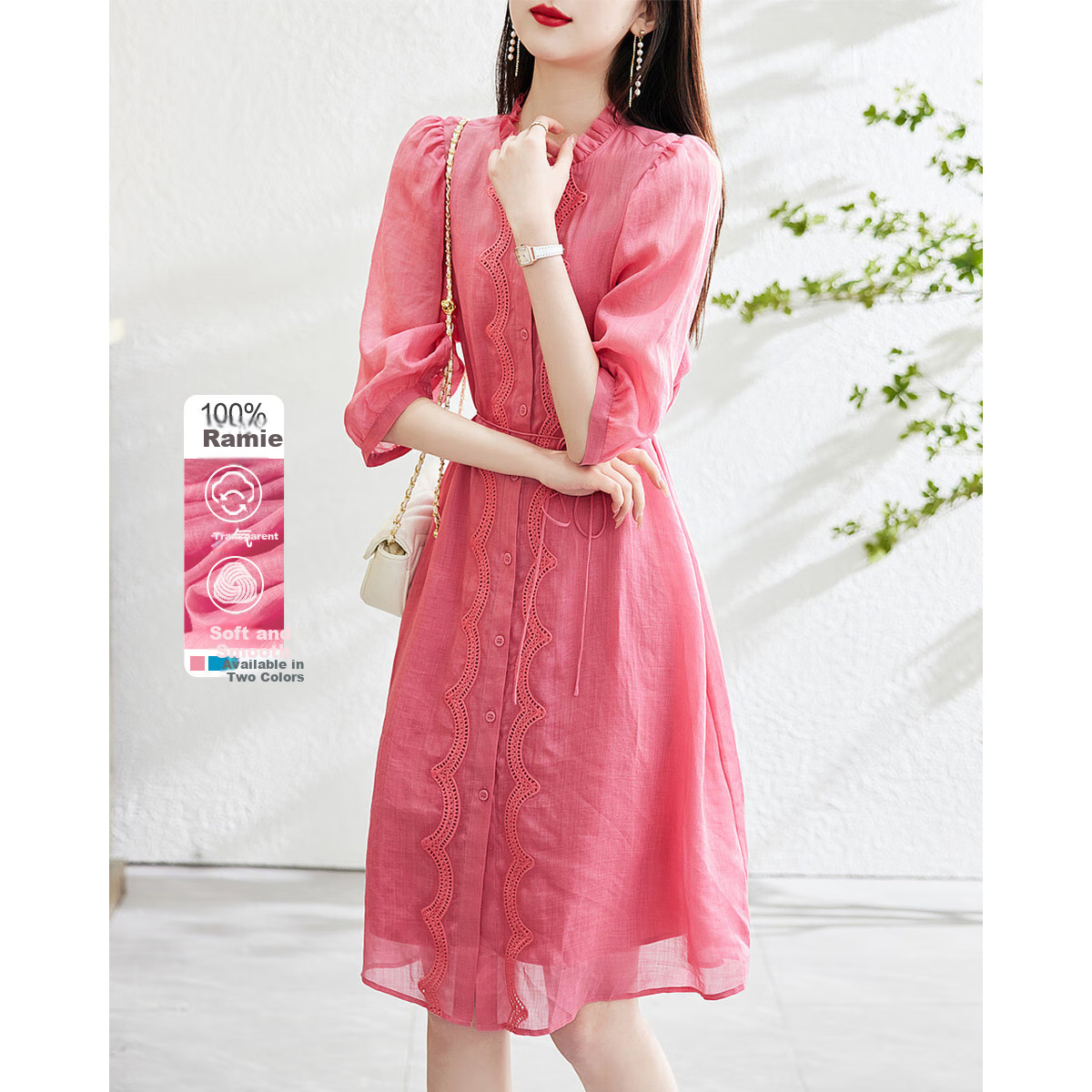 Dme [Breathable 100% Ramie] Spring And Autumn Natural Comfortable Round Neck Tie-Up Embroidered Seven-Quarter Sleeve Dress