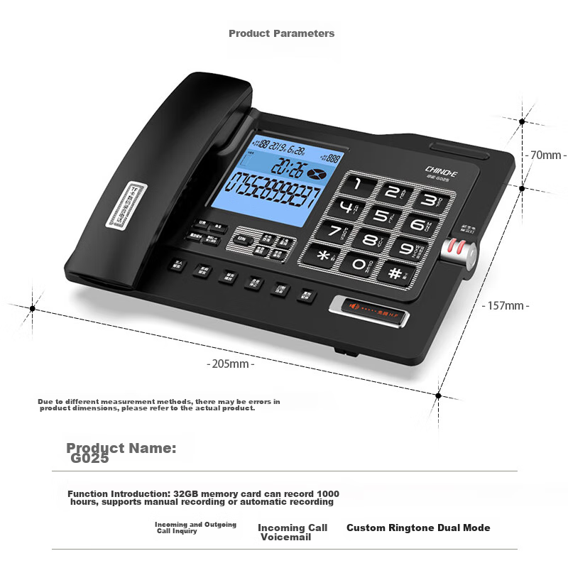 CHINO-E G025 Black 32GB Version, Voice Recorder Telephone Landline, 32GB Storage Card, Continuous Recording for 1000 Hours, Automatic Message Recording, Fixed-Line Telephone, for Business Office Use, Black
