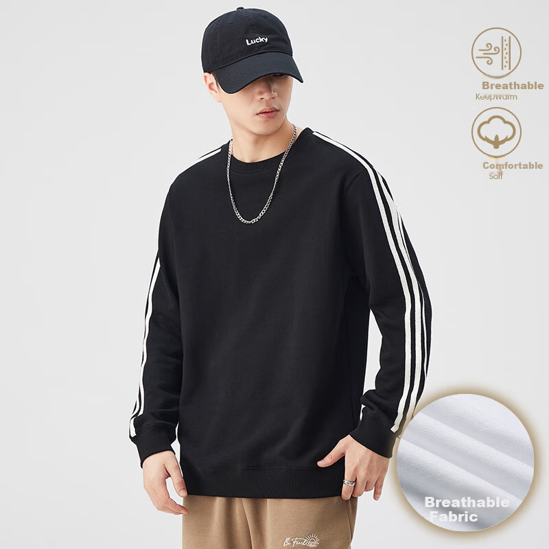 Dingfengbaoluo American-Style Striped Sweatshirt for Men, Spring Solid Color Pullover Round Neck Undershirt, Loose Versatile Top QZ33 White XL