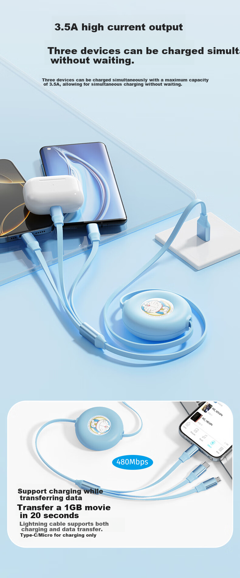 ROCK Doraemon Data Cable, Three-In Charging Cord, One-To Retractable Fast Charging, 3.5A Car Charger for IPhone, Apple 18 Pro Max/17/16, Huawei, Android Phones 4