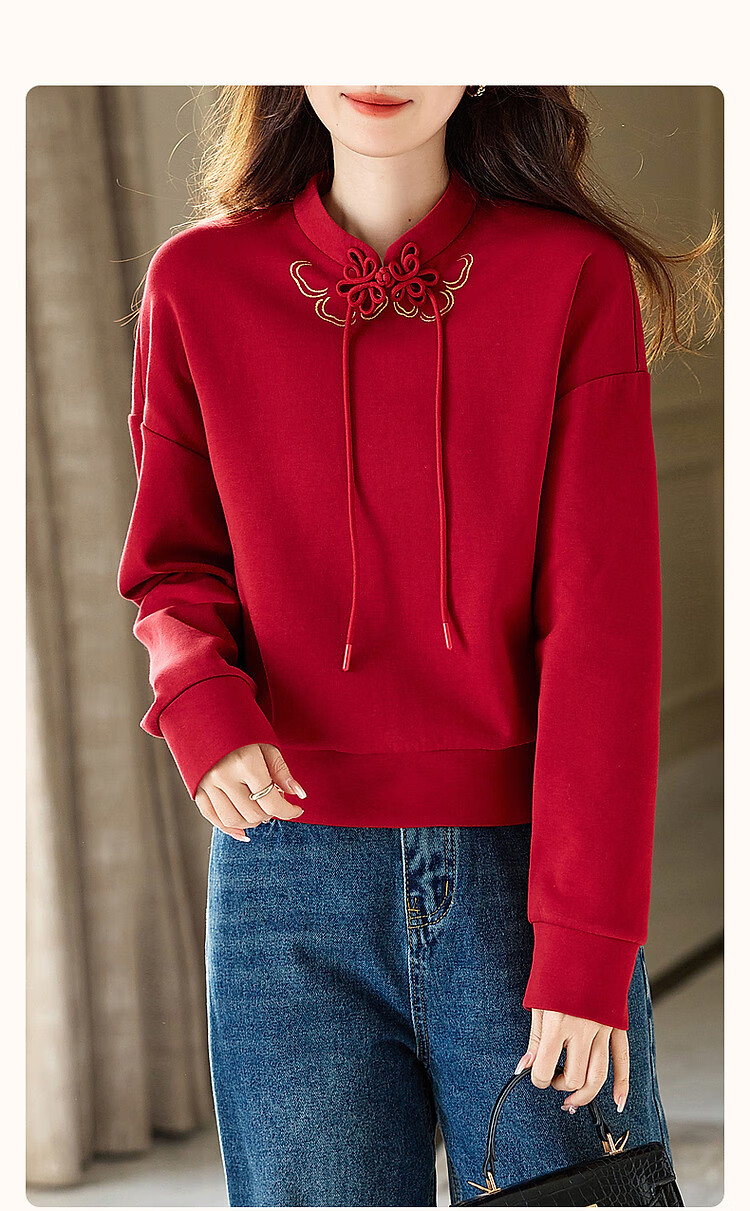 Dme [National Style New Chinese] Spring And Autumn Retro Stand Collar Exquisite Iron-On Disc Button Comfortable Air Layer Sweatshirt Women's Top 2