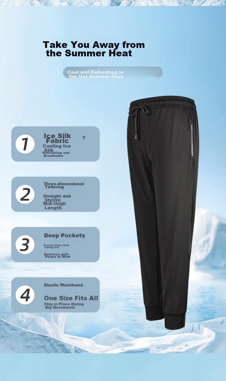 FANDIMU Men's Sports Pants, Summer Ice Silk Lightweight Breathable Joggers, Casual Versatile Zipper Pocket Long Pants, Gray, 2XL 2