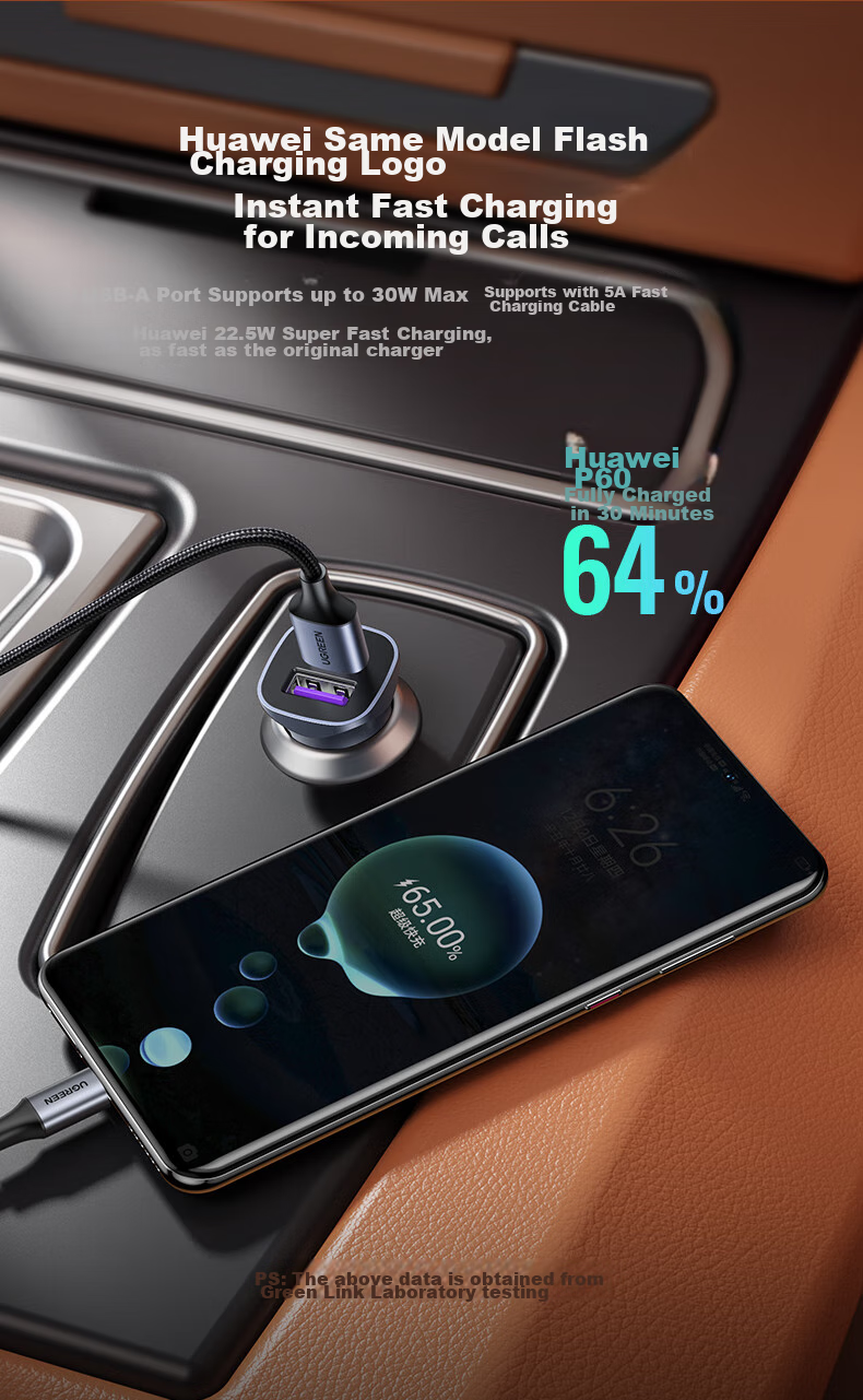 UGREEN Car Charger, Cigarette Lighter Adapter, Dual Car Charger with 50W PD Fast Charging Ports, Compatible with Apple 17, Huawei, Xiaomi 8