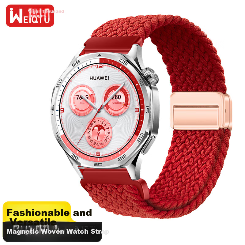 Ремешок Weiqiantu для умных часов Huawei GT6/GT5pro/watch4pro/GT5/GT4/3/2/watch3pro, нейлон, плетеный, магнитный, красный, 46/48 мм