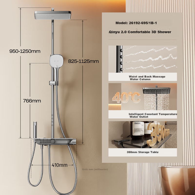 JOMOO Shower Set with Brass Piano Key Design, Descaling, Waist And Back Sprays, Massage Function, Constant Temperature, SPA Shower System 26192-695/1B 4