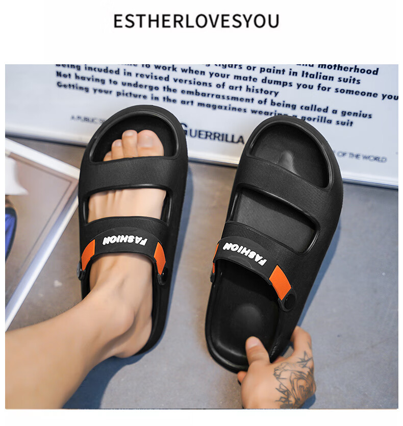 CARTELO Men's Sandals, Summer Casual Breathable Hole Shoes, Fashionable Two-Way Beach Shoes for Men, 1572 Black And Orange, Size 42-43 12