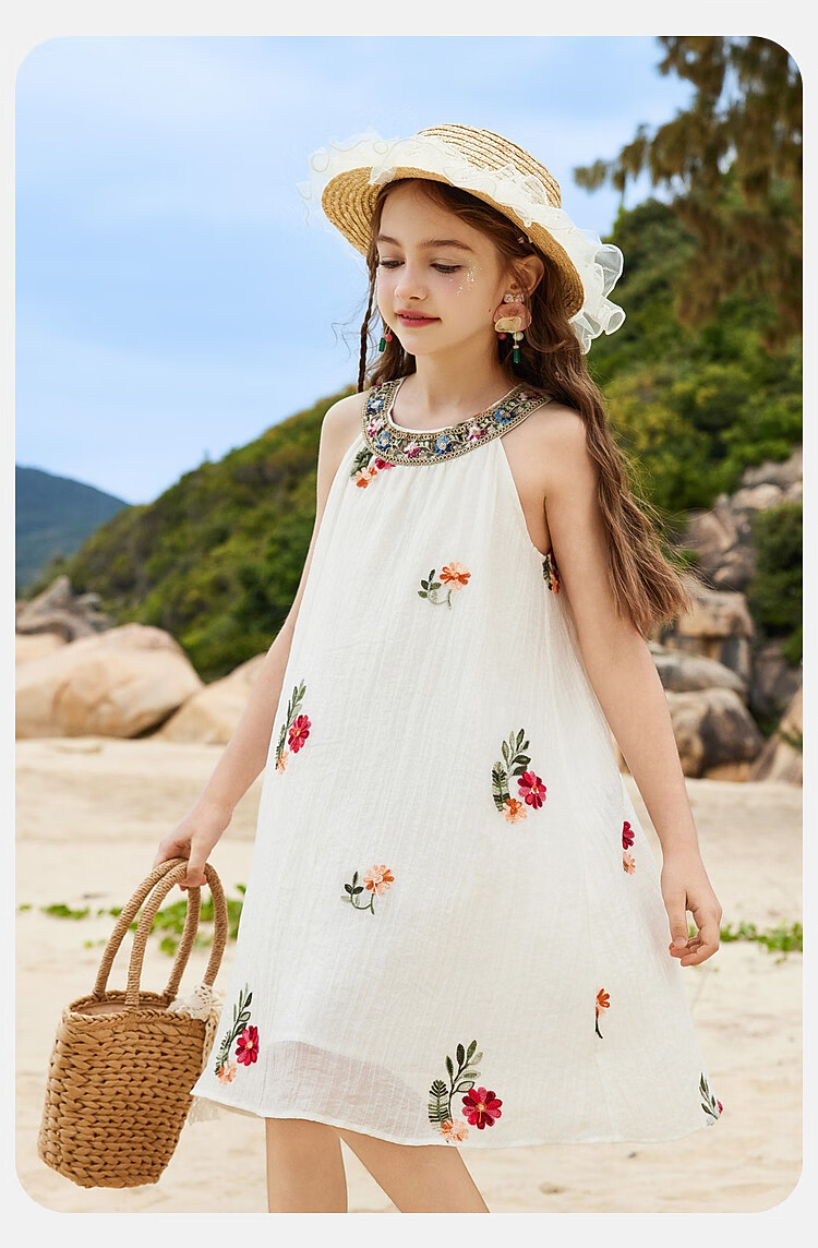 ASK JUNIOR Girls Summer Dress Lightweight Embroidered Sleeveless Dress Beach Vacation Children's Dress White 11