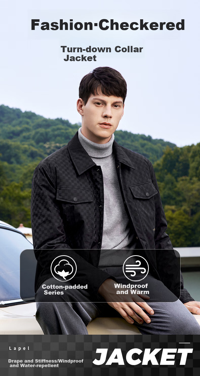 DANCING WOLVES [Lining Padded] Checkered Workwear Lapel Jacket, Warm Windproof Men's Coat, Army Green, Size 165 1