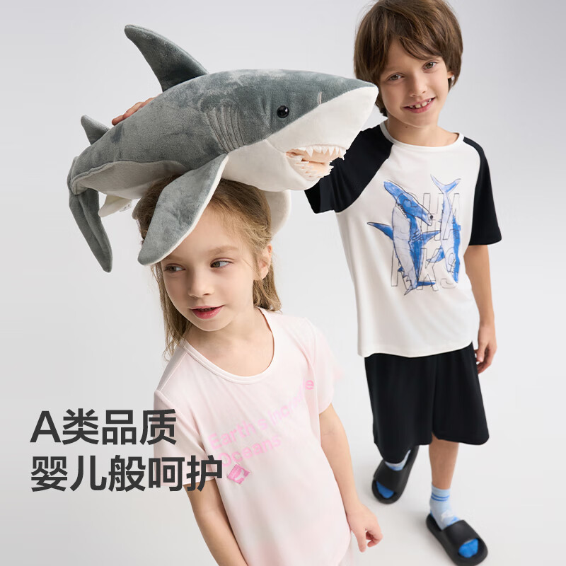 AIMER KIDS Boys' Loungewear Set, Modal Short-Sleeve Top And Cropped Pants Pajamas, Blue Whale Pattern, Size 160