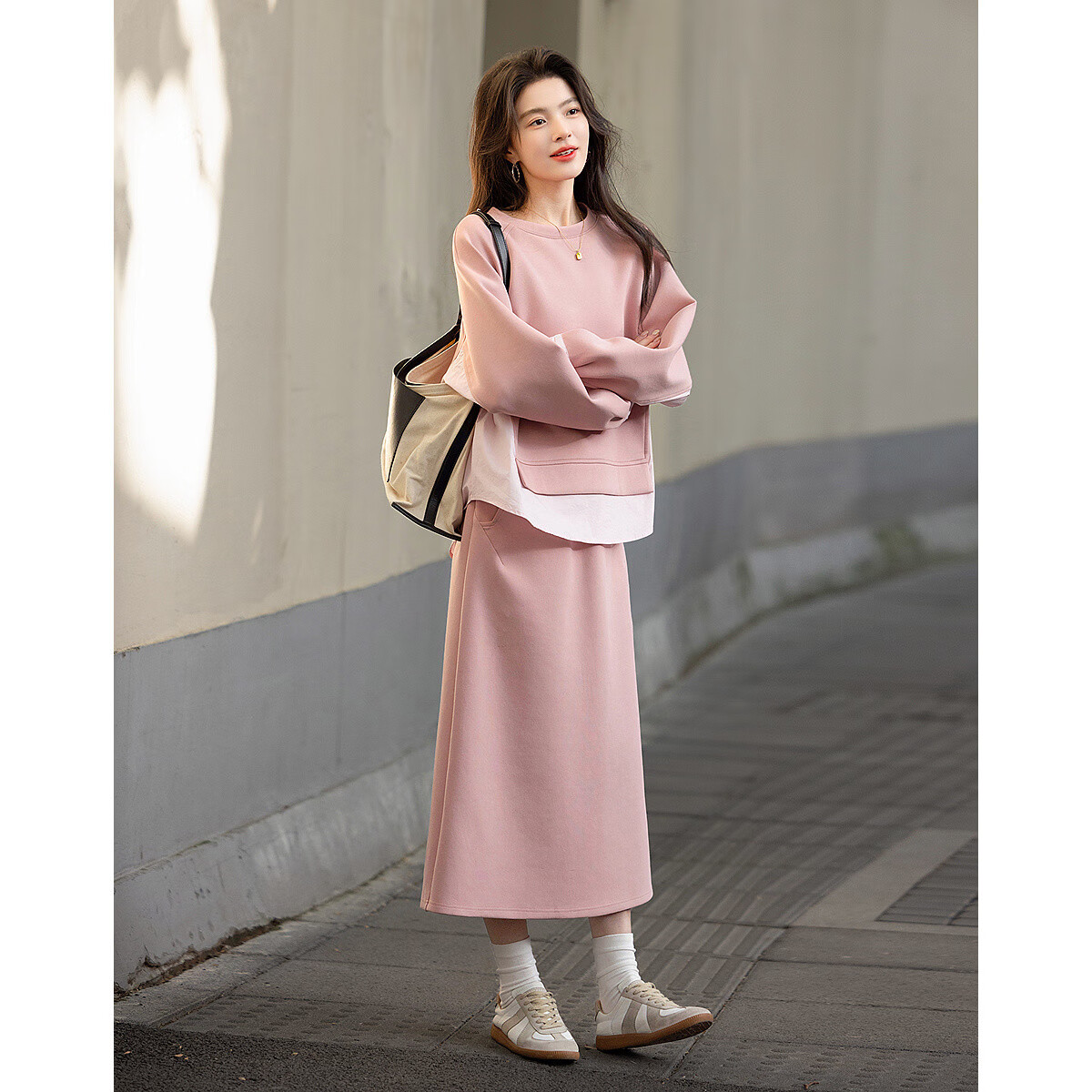 Dme 350G Air Layer Set Spring Autumn Fashion Colorblock Sweatshirt and Elastic Waist Split Skirt Two-Piece Set for Women