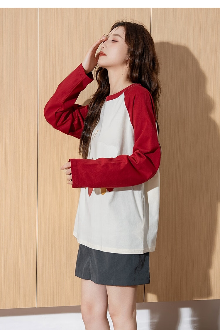 TonLion 2025 Women's Front Chest Print Raglan Long Sleeve T-Shirt, Cherry Red, Size S 6