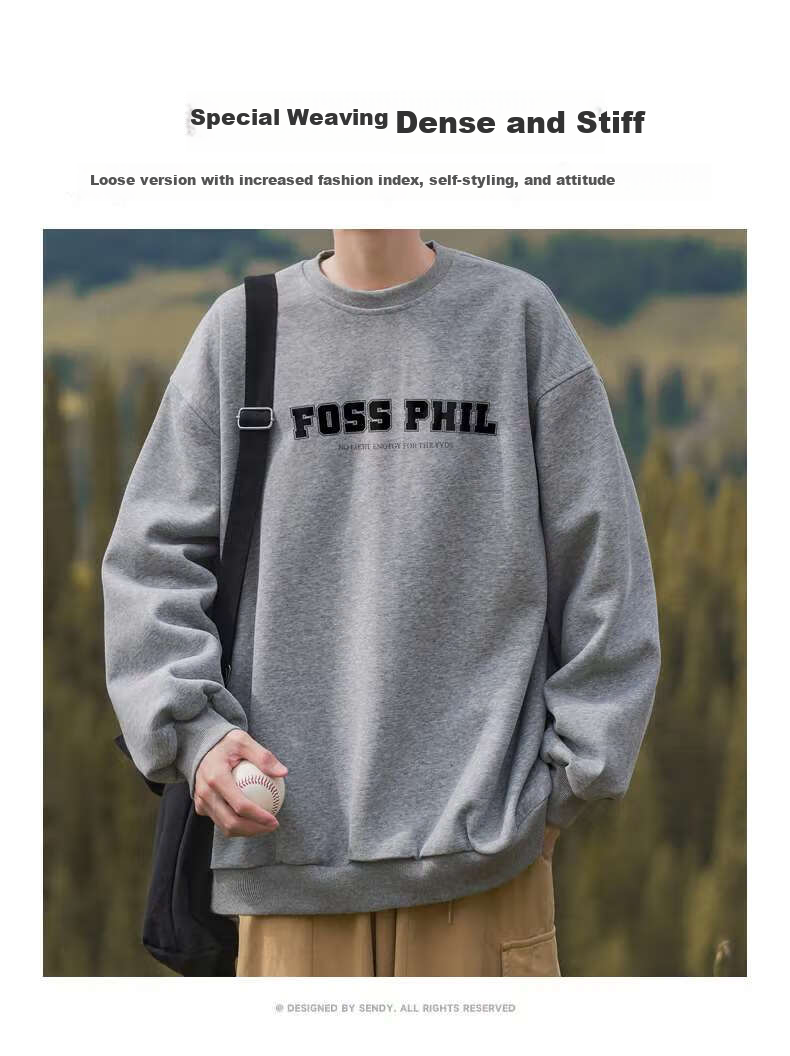 Foss Phil Men's Crew Neck Sweatshirt Autumn Winter Long Sleeve Printed Loose Casual Base Shirt FPW2 White M 1