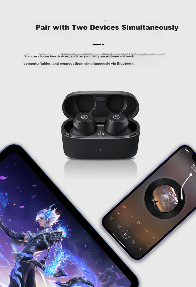 Audio-Technica CKS30TW+ True Wireless Noise-Cancelling Bluetooth Earphones, In-Ear Music Bass Waterproof, Compatible with Huawei Apple Xiaomi Headphones, Gree 8