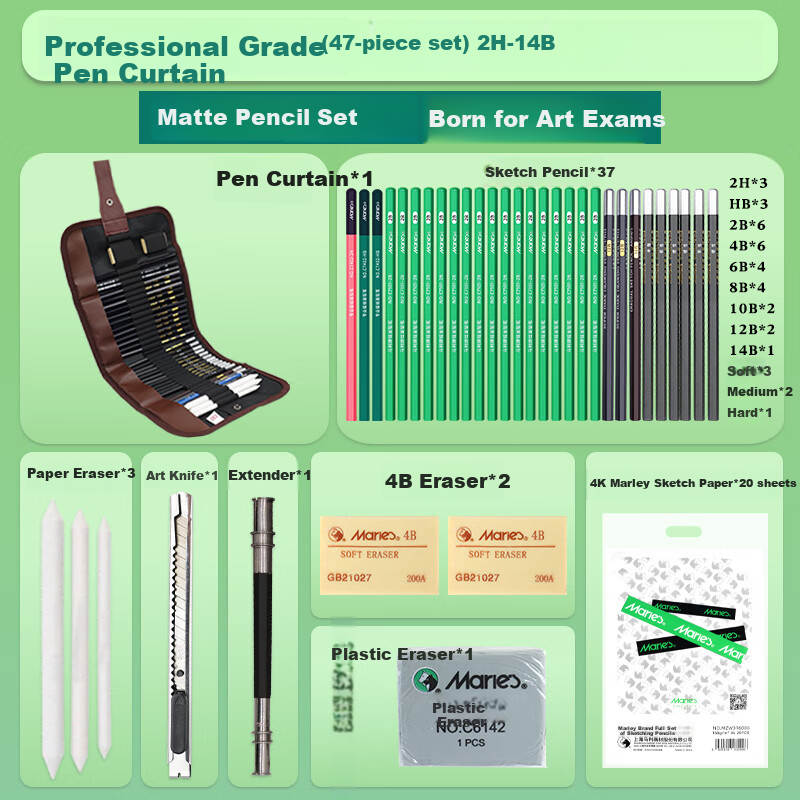 Marie's Matte Sketching Pencil Set for Art Students, Drawing Exam Pencils And Charcoal Pencils, Sketching And Painting Kit - Beginner Level 47-Piece Set - Pen Roll Art Sketching