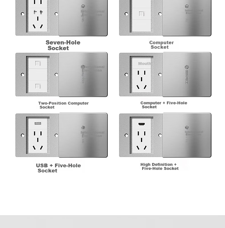 FDD Floor Socket, 86-Type Flat Push-In Floor Socket, Ultra-Thin Sliding Cover, Stainless Steel Waterproof Wall Concealed Box Floor Socket Box, Silver, Five Holes 10