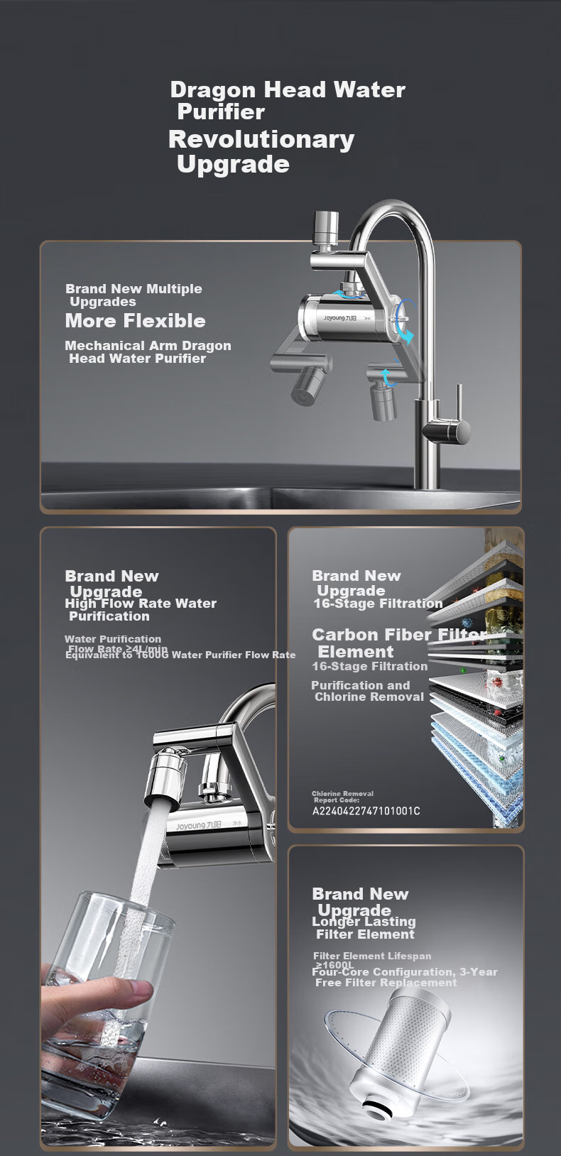 Joyoung Faucet Water Purifier, Stainless Steel Mechanical Arm, Multi-Directional Outlet, High Flow Rate, One Machine with Four Cores, JYW-RT60 3