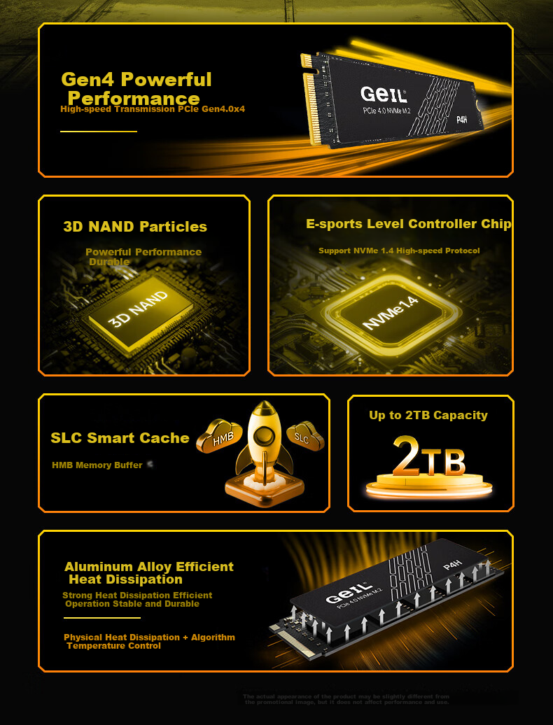 GEIL Jinbang 1TB SSD, M.2 Interface (PCIe 4.0 X4), NVMe SSD Gaming High-Performance Version, P4H Series 3