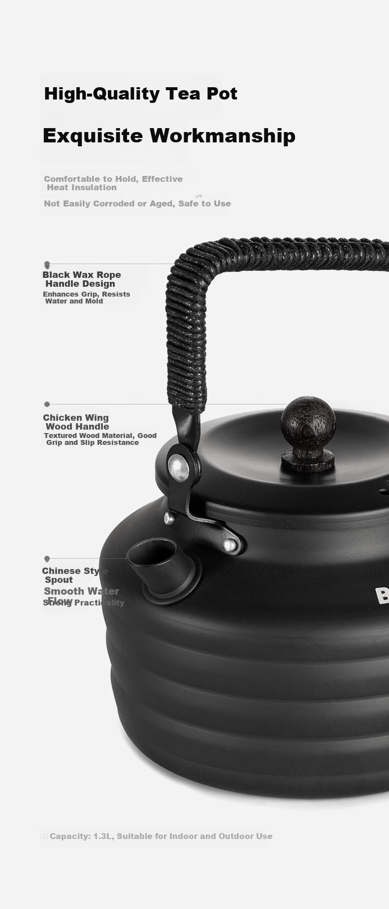 Black Dog Camping Kettle, All-Aluminum Tea Pot for Outdoor Cooking, Portable Stove for Boiling Water, Night Black 8