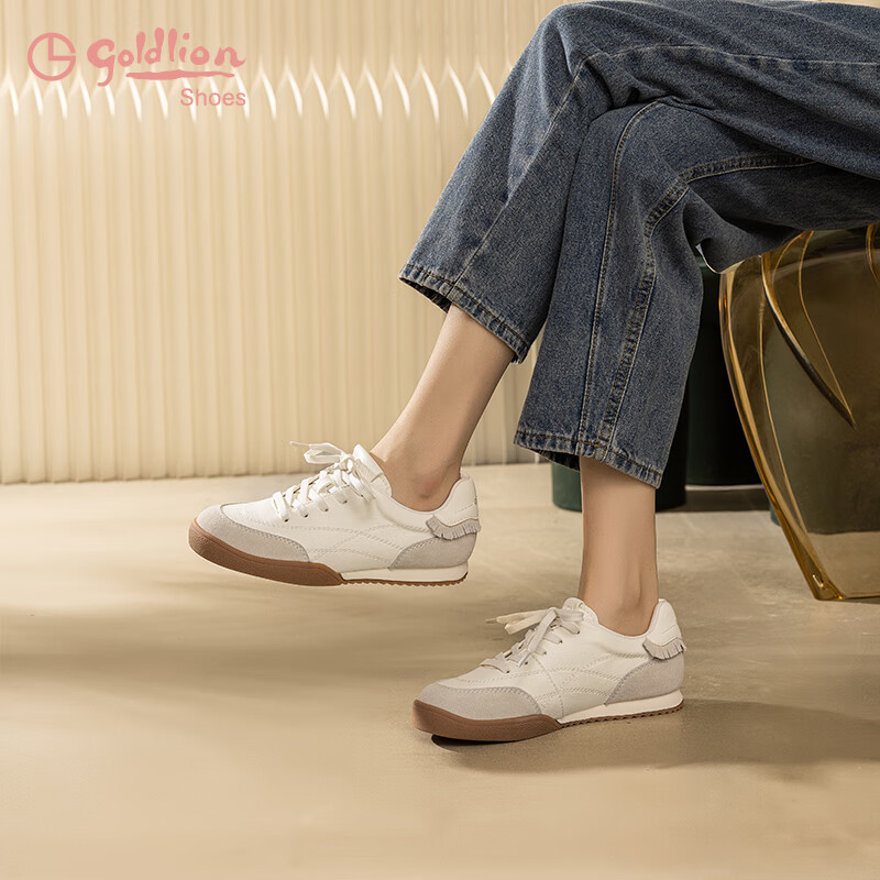 Goldlion Women's Leather Training Shoes, Color-Block Casual Outdoor Sports Shoes for Women G688510151 Beige/gray 38