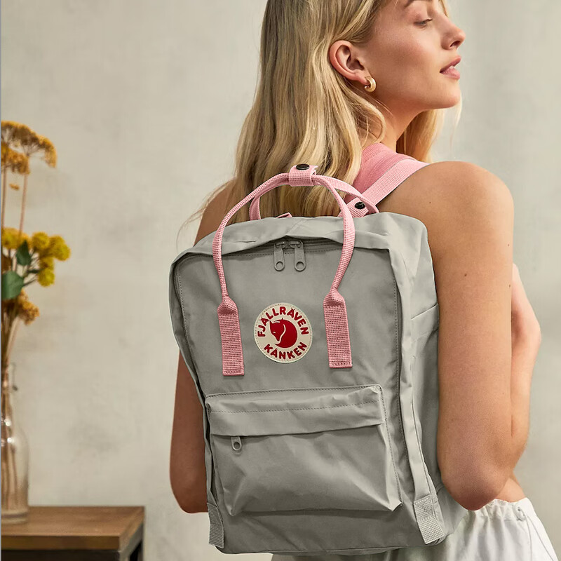 FJALLRAVEN Kanken Women's Backpack Large Capacity School Bag 23510-021-312 Mist Gray/Pink 16L Back to School Gift