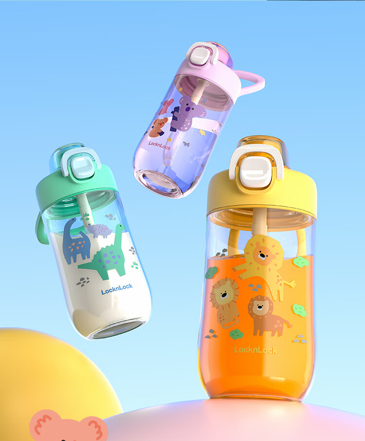 LOCK&LOCK Children's Straw Cup, Student Plastic Water Bottle, Outdoor Portable Sports Cup with Handle, 500ml, Gree 2