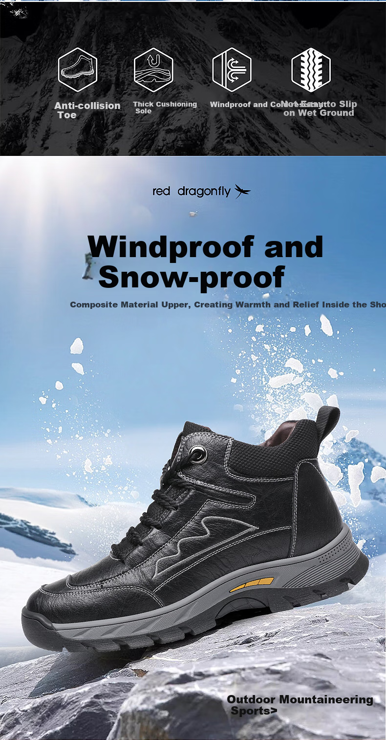 RED DRAGONFLY Leather Boots, Durable Outdoor Martin Boots for Men, Casual Fleece-Lined Snow Boots, Cotton Boots for Men, C0TT07631 9