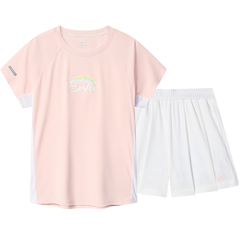 ERKE Kids Girls Sports Set Children's Casual Short Sleeve Set Cream Sweet Peach 120