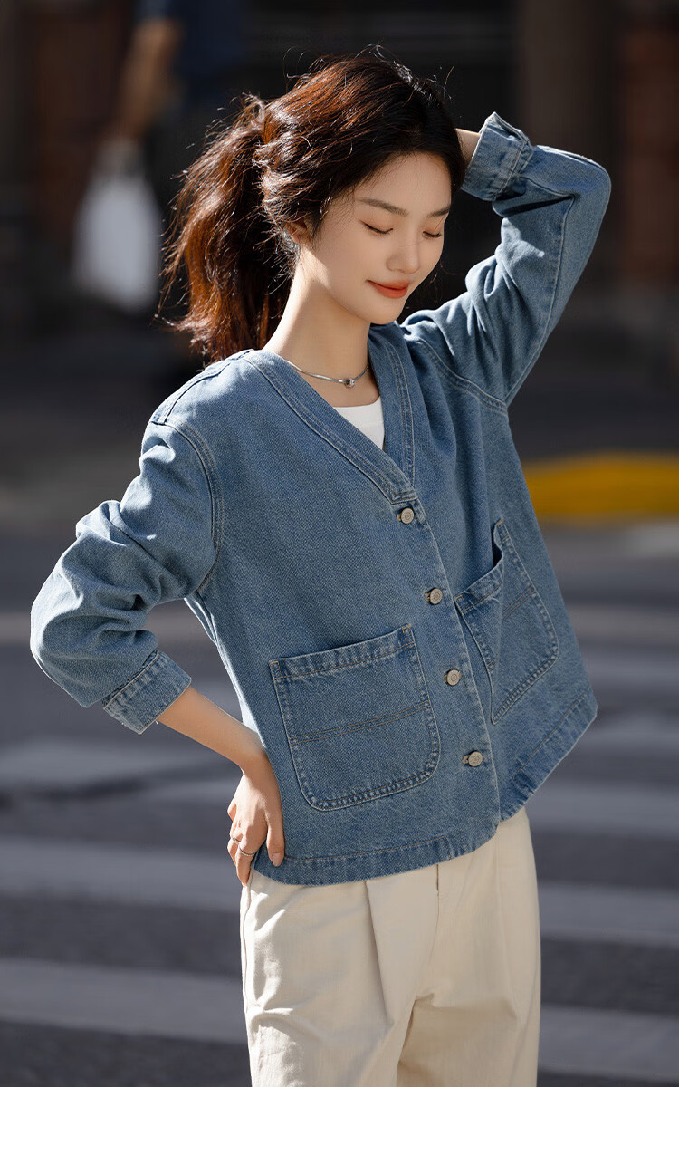 Dme [Cool And Stylish] Spring V-Neck Classic Washed Denim Blue Jacket for Wome 9