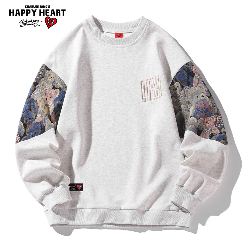 Chaersitaoxin Crew Neck Sweatshirt for Men, Spring And Autumn New Style, Bear Embroidery, Trendy Patchwork Couple's Long-Sleeve Top, Gray, XL