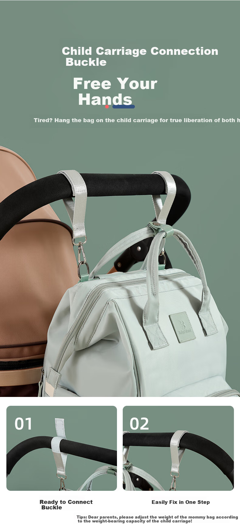 Baby Friend Mommy Bag, Large Capacity Backpack with Waterproof Dry And Wet Separation, Baby Backpack, Fresh Gree 7